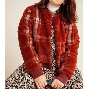 Anthropologie Women's Faux Fur Plaid Teddy Bomber Jacket